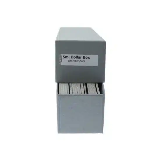 golden $, Grey Container, 2x2x8.5, lid slightly opened showing sample flips inside image view-20528