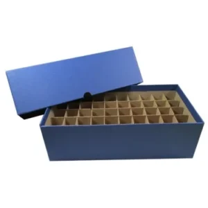 Guardhouse Heavy Duty Nickel Coin Tube Box, 11x5.62x3.5, Blue, lid cocked sideways on container with dividers image view-2059606TN