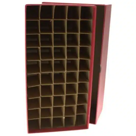 Guardhouse Heavy Duty Penny Coin Tube Box, 10.5x5.5x3.5, Red, box bottom with dividers and lid sitting behind image view-2059605