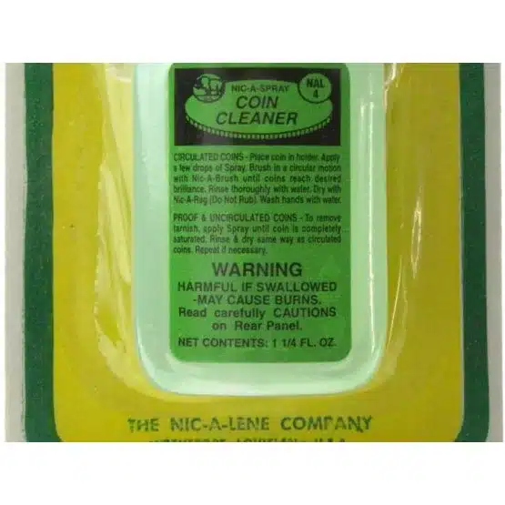 Nic-A-Spray 1.25 oz Silver & Gold Professional Coin Cleaner with Brush, instructions close-up image view-20385