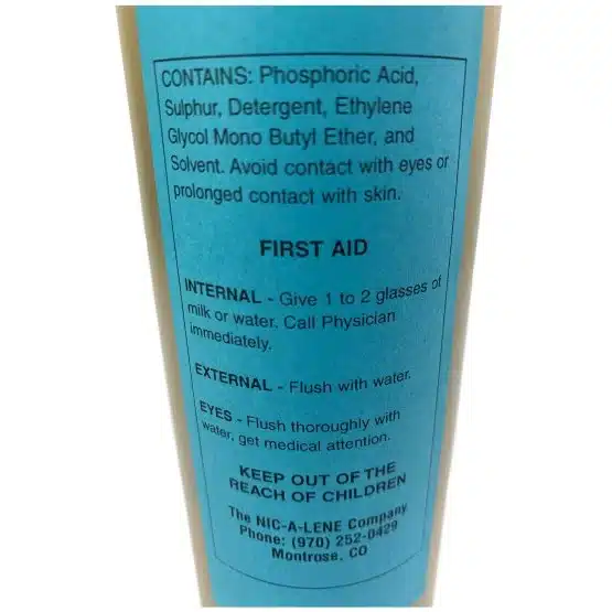 Nic-A-Tone Coin Toning, 16 oz., rear of bottle, warning label close-up image view-20287