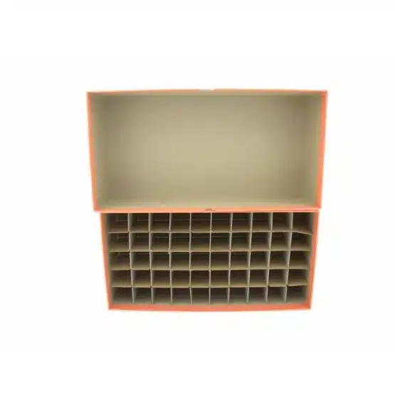 An orange box with dividers and the lid sitting on top image view-20596105