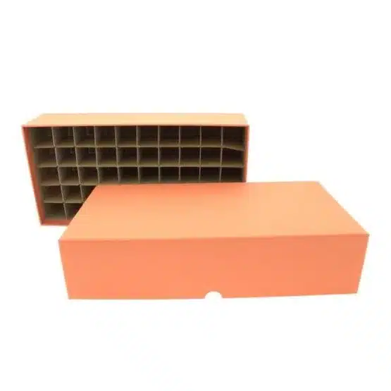 Guardhouse Heavy Duty Quarter Coin Tube Box, 12x6x3.75, Orange, lid in front of bottom with dividers image view-20596105