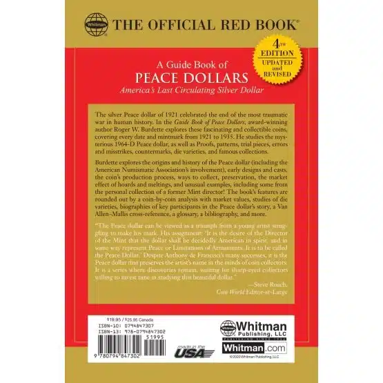 Whitman Guide Book of Peace Dollars 4th Ed. by Roger W. Burdette-rear cover UPC image view-20537