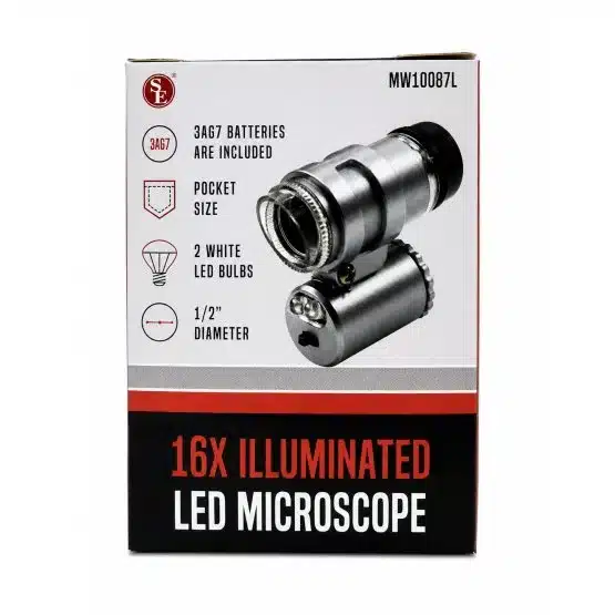 16x LED Coin Microscope Front View, front of boxed packaging-20606X