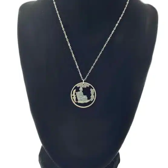 Alabama State Necklace, Coin Cut Jewelry, State Quarter, 18-inch Chain on black display zoomed in image view-20561AL