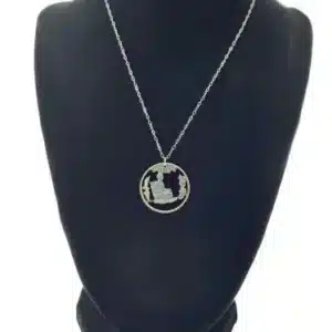 Alabama State Necklace, Coin Cut Jewelry, State Quarter, 18-inch Chain on black display zoomed in image view-20561AL