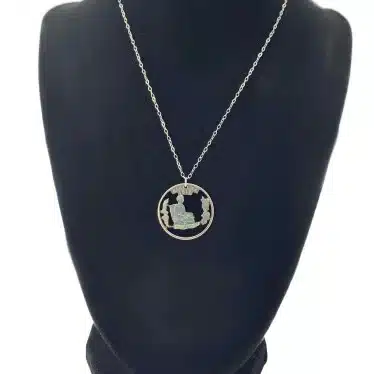 Alabama State Necklace, Coin Cut Jewelry, State Quarter, 18-inch Chain on black display zoomed in image view-20561AL
