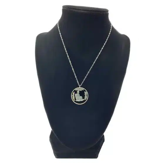 Alabama State Necklace, Coin Cut Jewelry, State Quarter, 18-inch Chain on black torso display image view-20561AL