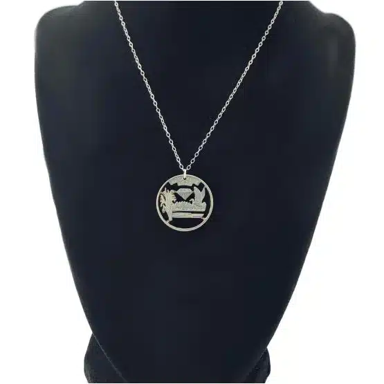 Arkansas State Necklace, Coin Cut Jewelry, State Quarter, 18-inch Chain on black display zoomed in image view-20561AR