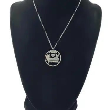 Arkansas State Necklace, Coin Cut Jewelry, State Quarter, 18-inch Chain on black display zoomed in image view-20561AR