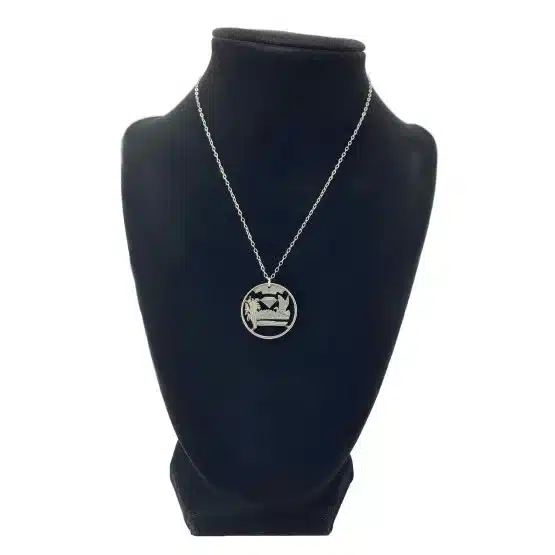 Arkansas State Necklace, Coin Cut Jewelry, State Quarter, 18-inch Chain on black torso display image view-20561AR