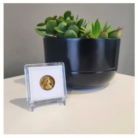 BCW premium snaplock 2x2 coin holders for pennies, coin not included, single on stand with background image view-20996