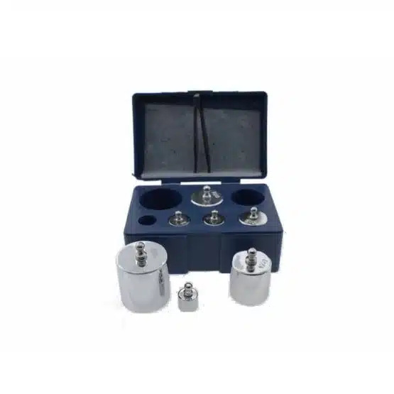 Calibration Weights Carbon Steel 1000-Gram Set, top open with sample weights in front image view-20594KGS