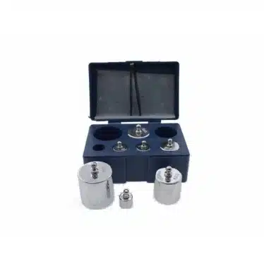 Calibration Weights Carbon Steel 1000-Gram Set, top open with sample weights in front image view-20594KGS