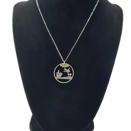 Florida State Necklace, Coin Cut Jewelry, State Quarter, 18-inch Chain on black display zoomed in image view-20561FL