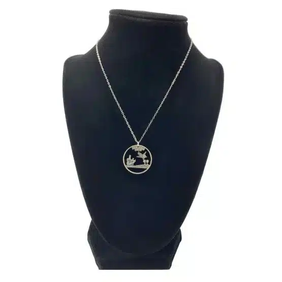 Florida State Necklace, Coin Cut Jewelry, State Quarter, 18-inch Chain on black torso display image view-20561FL