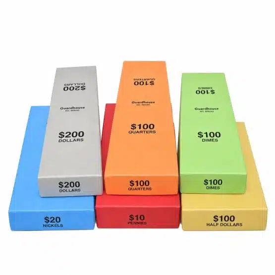 Six color-coded Guardhouse containers arranged by denomination. Sample image-21038-43