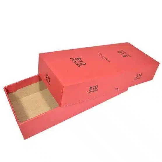 Red cardboard container with the inner tray partly open-21038