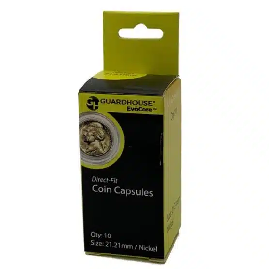 Nickel coin capsules 21.2mm by Guardhouse, packaged front image view-20883