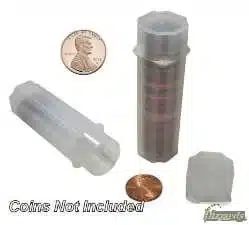 Guardhouse-square-coin-tubes-1-standing-lid-on-1-lying-on-side-lid-off-to-right-image-of-2-pennies-1-above-and-1-below-tubes-coins-not-included-21055TN