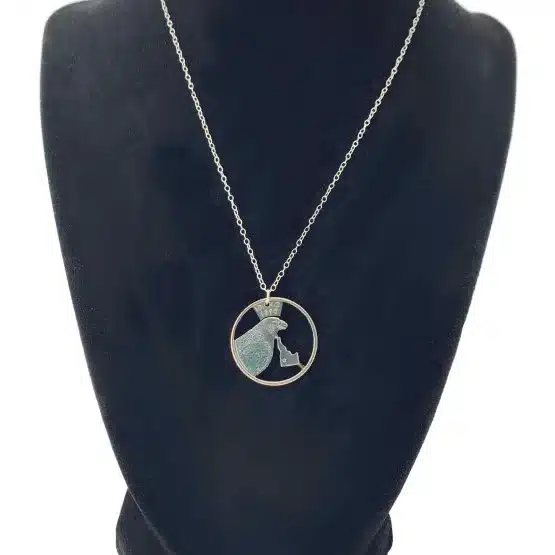 Idaho State Necklace, Coin Cut Jewelry, State Quarter, 18-inch Chain on black display zoomed in image view-20561ID