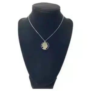 Indian Head Nickel Necklace with Rim, Cut Coin Jewelry on a black display zoomed out image view-20562004