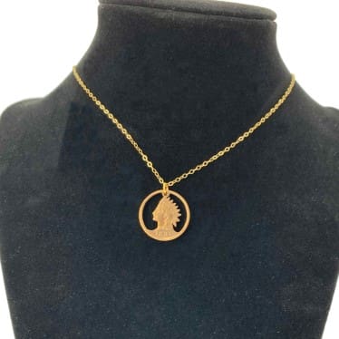 Indian Head penny necklace with rim, 18 in. chain zoomed in neck image view-20562002