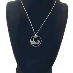 Maine State Necklace, Cut State Quarter, 18-inch Chain on black display zoomed in image view-20561ME