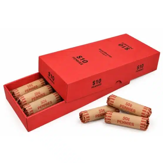Red Guardhouse container displayed with wrapped U.S. cents-Rolls not included-21038