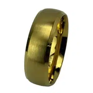 Mens gold stainless steel ring sitting on rim turned slightly right image view-20597SR561TN