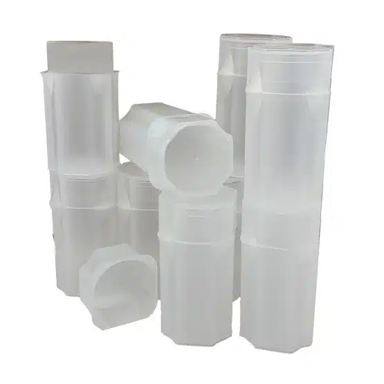 Guardhouse-Small-Dollar-Square-Coin-Tubes-stacked-10-pack-with-a-sigle-lid-and-a-few-tubes-sitting-in-front-image-view-2172010