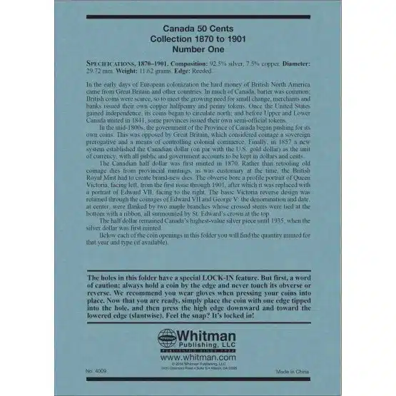 Whitman Coin Folders Canada Series - 50 Cent Pieces No. 1-1870-1901-information page image view-20911