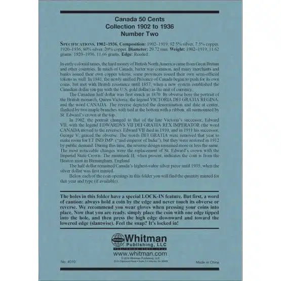 Whitman Coin Folders Canada Series - 50 Cent Pieces No. 2-1902-1936-information page image view-20912