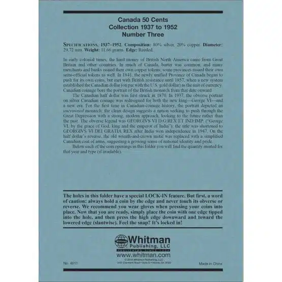 Whitman Coin Folders Canada Series - 50 Cent Pieces No. 3-1937-1952-information page image view-20913