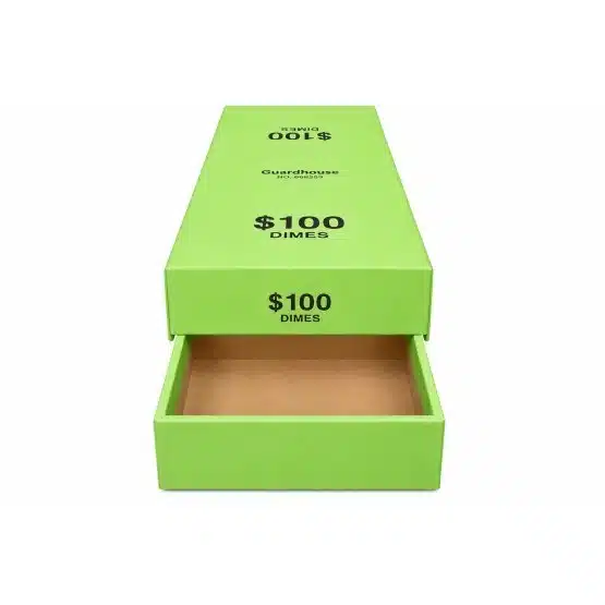 Guardhouse dime coin roll storage box in green with lift-and-pull lid, front view-21040