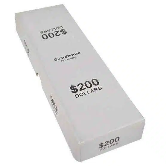 Gray coin roll storage container with printed $200 capacity-21043